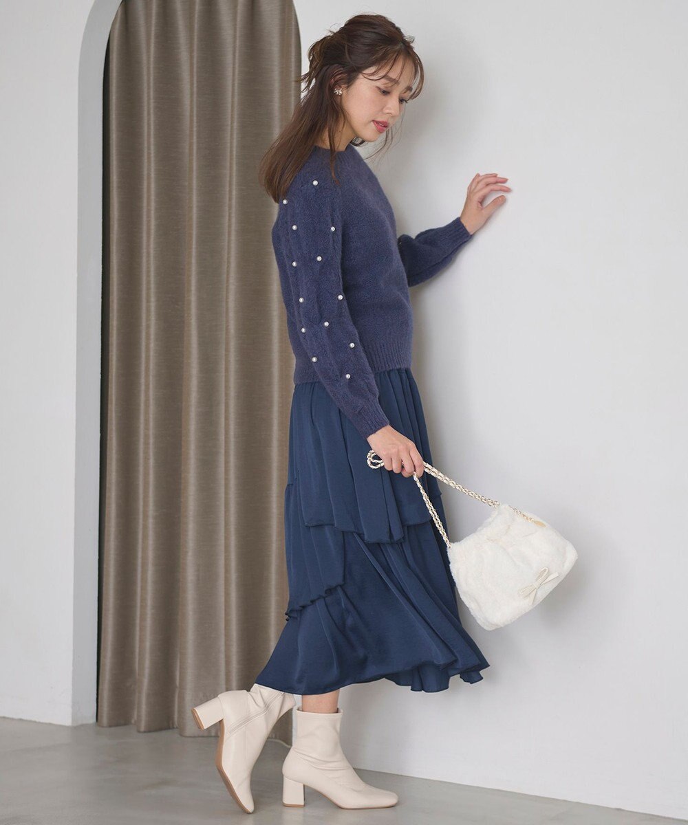 Feroux 【洗える】パールスリーブ ケーブルニット 