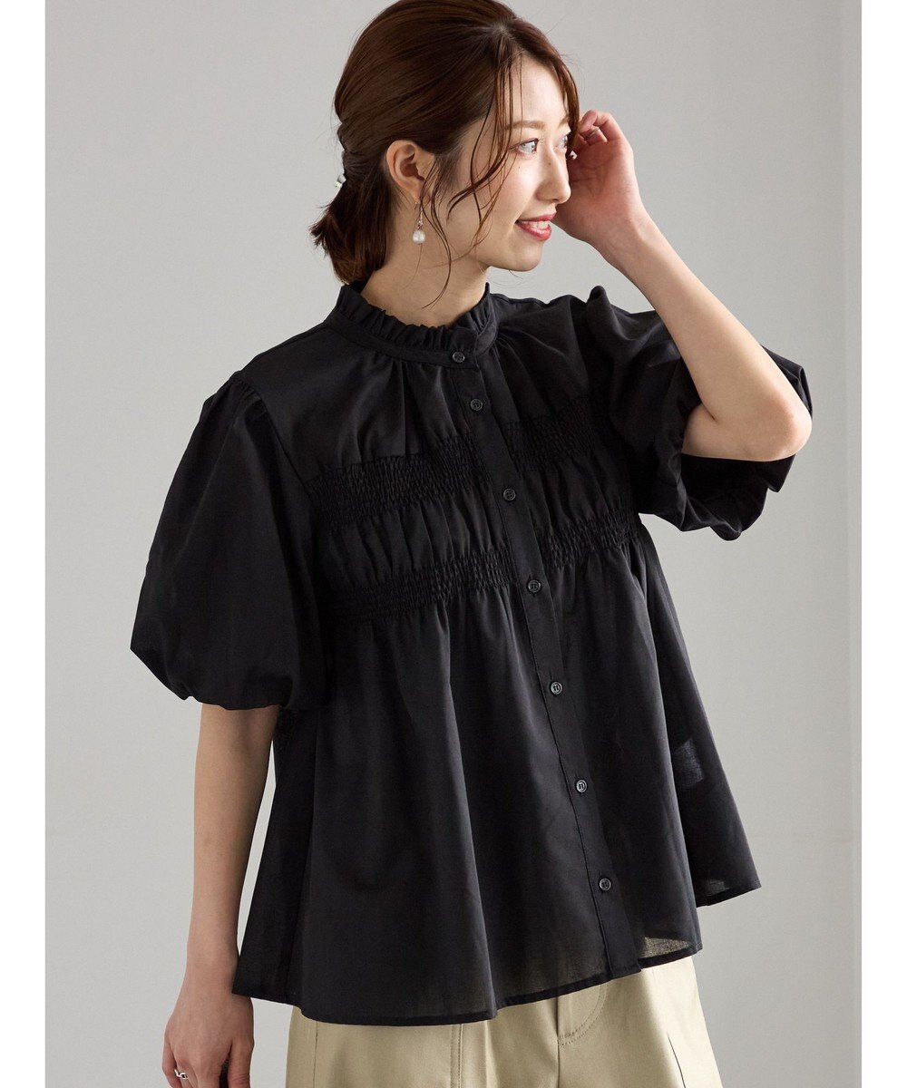 Te chichi スタンドフリル5分袖シャーリングブラウス 