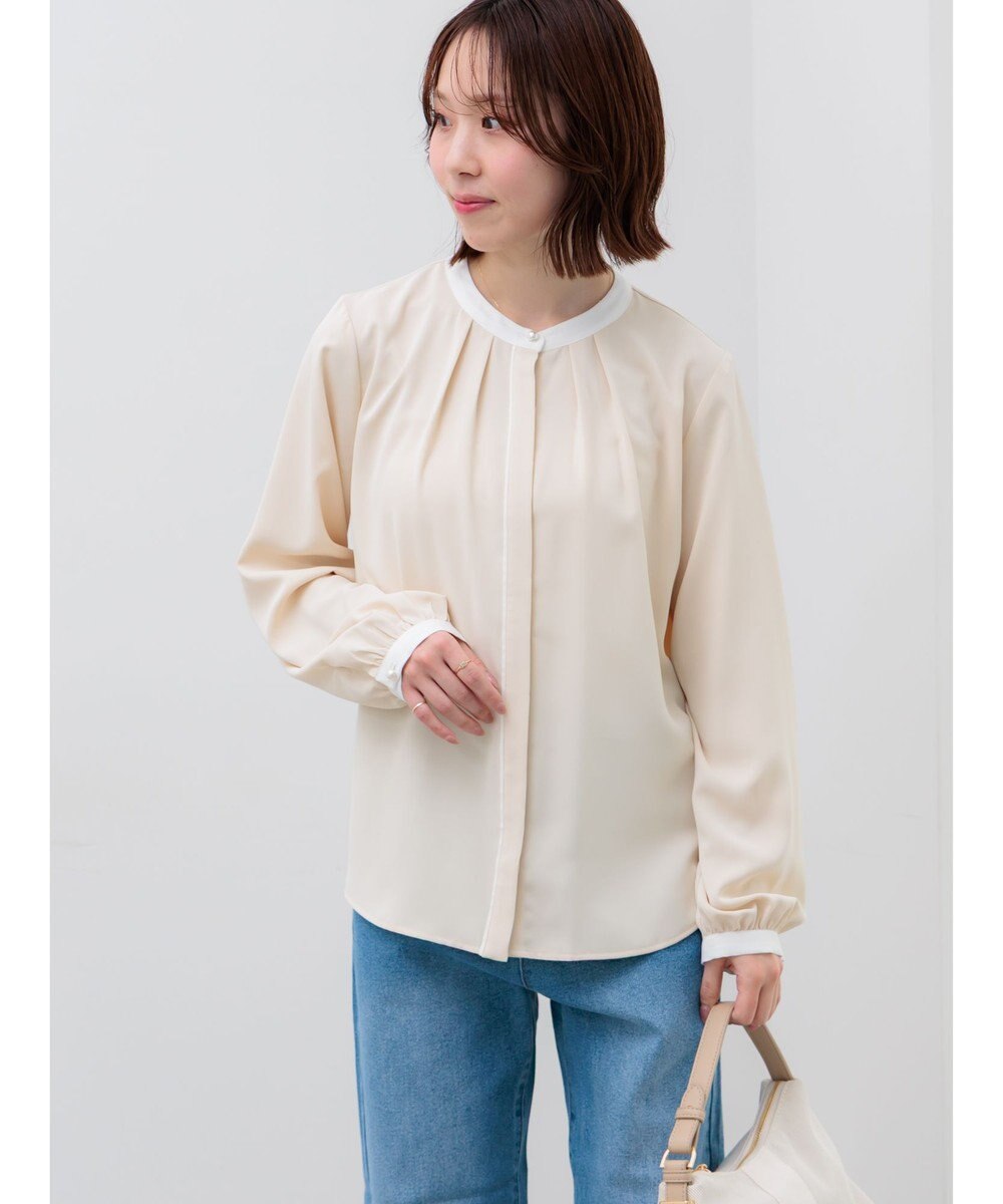 Te chichi パール釦配色タックブラウス 