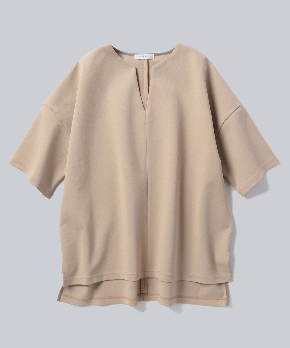 WHITE MAILS PAPER DOUBLE JERSEY KEY NECK T-シャツ 