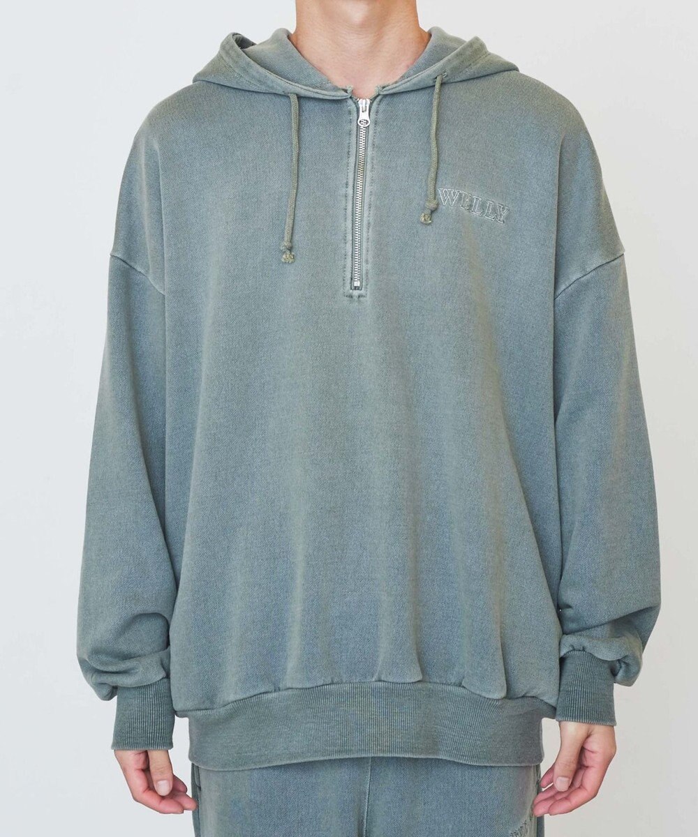 WEGO ピグメントハーフZIPロゴプルパーカー 