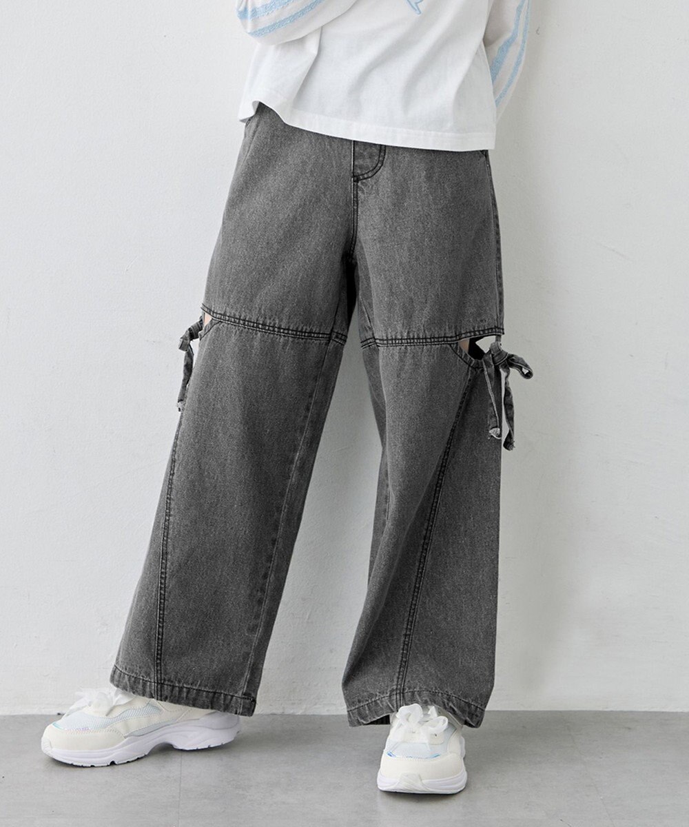 ANY KIDS サイドスリット リボンワイドデニムパンツ 