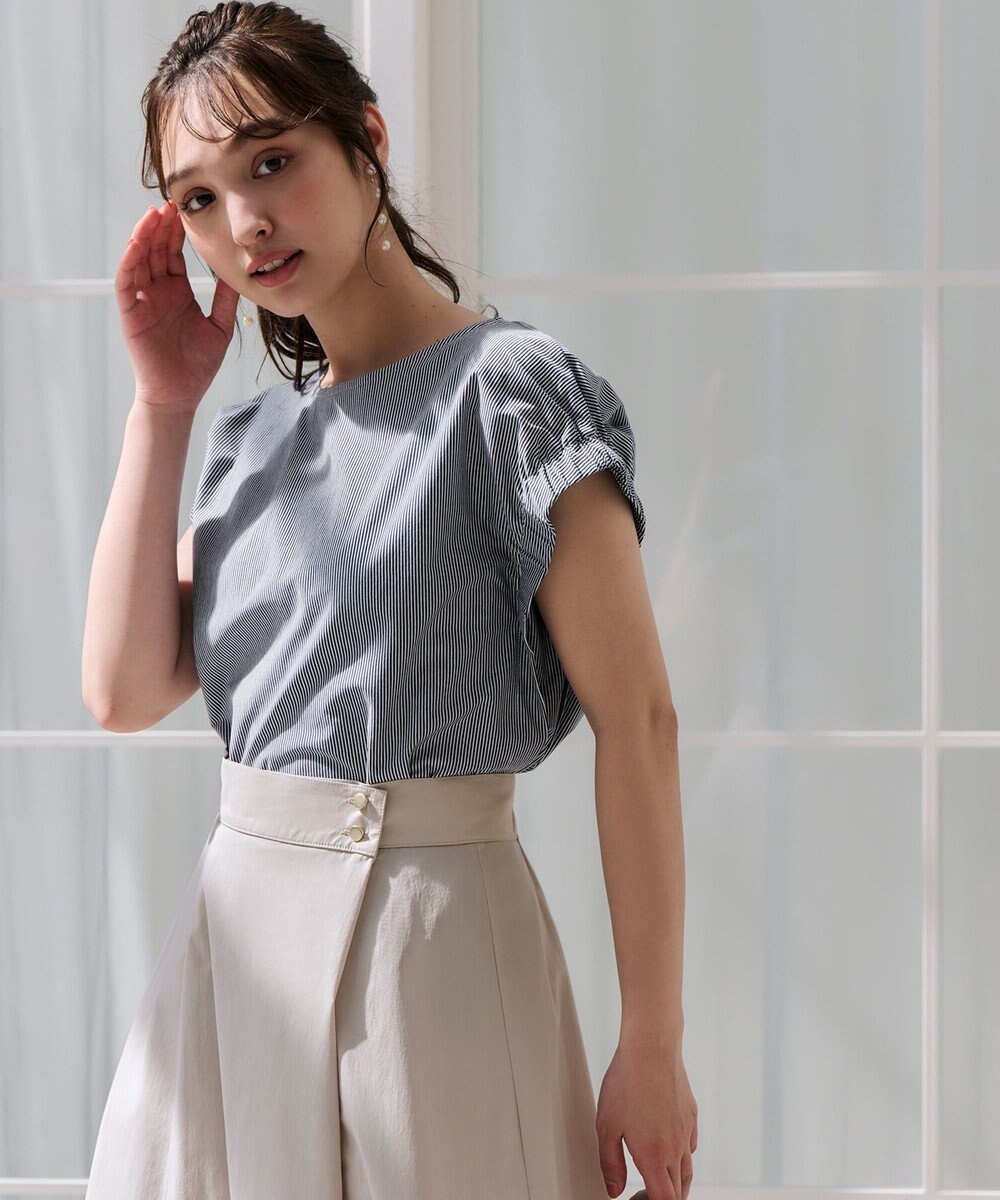 ANY SIS S 【洗える】シルケットストライプフレンチスリーブ カットソー 