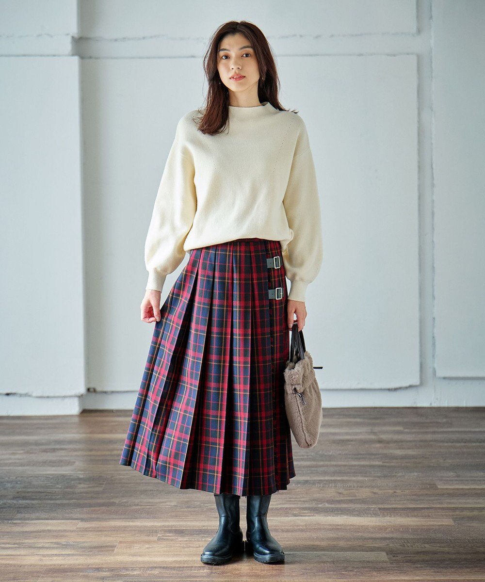 ANY L 【手洗い/ウエストゴム】チェック柄フリンジプリーツスカート 