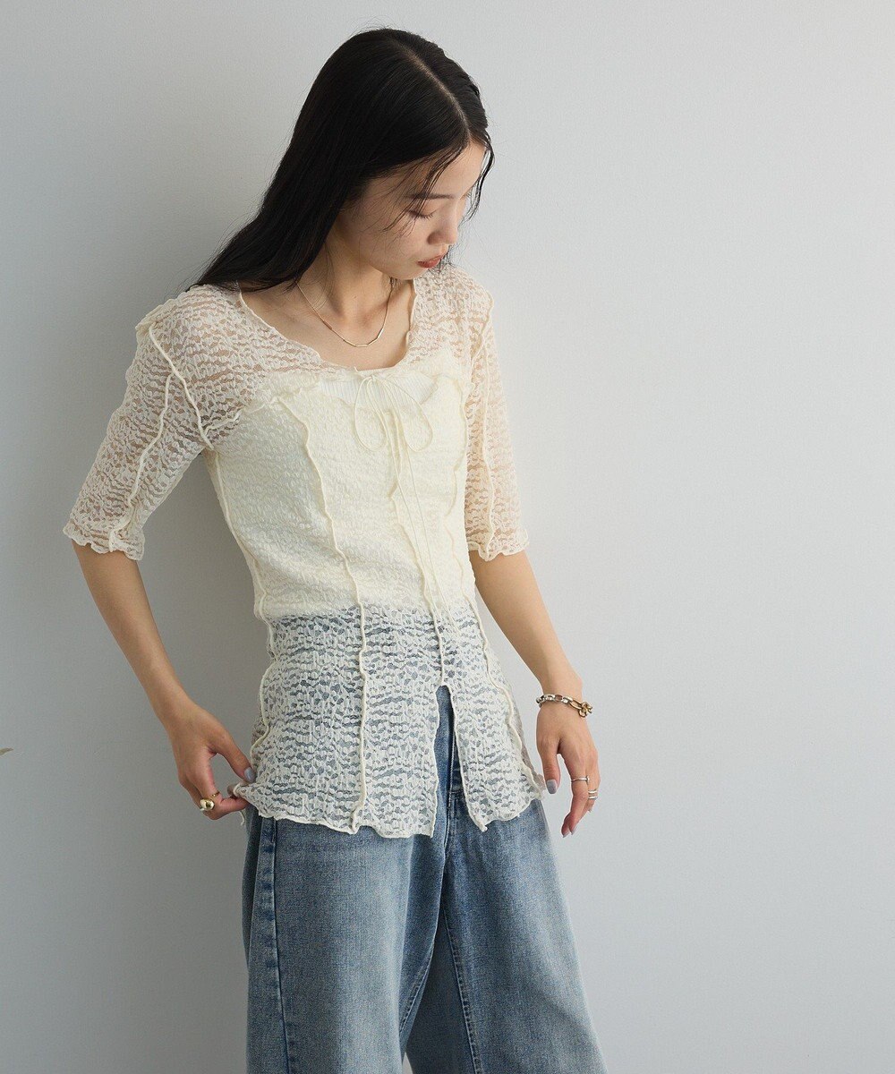 Green Parks カットワークデザインレース半袖トップス 