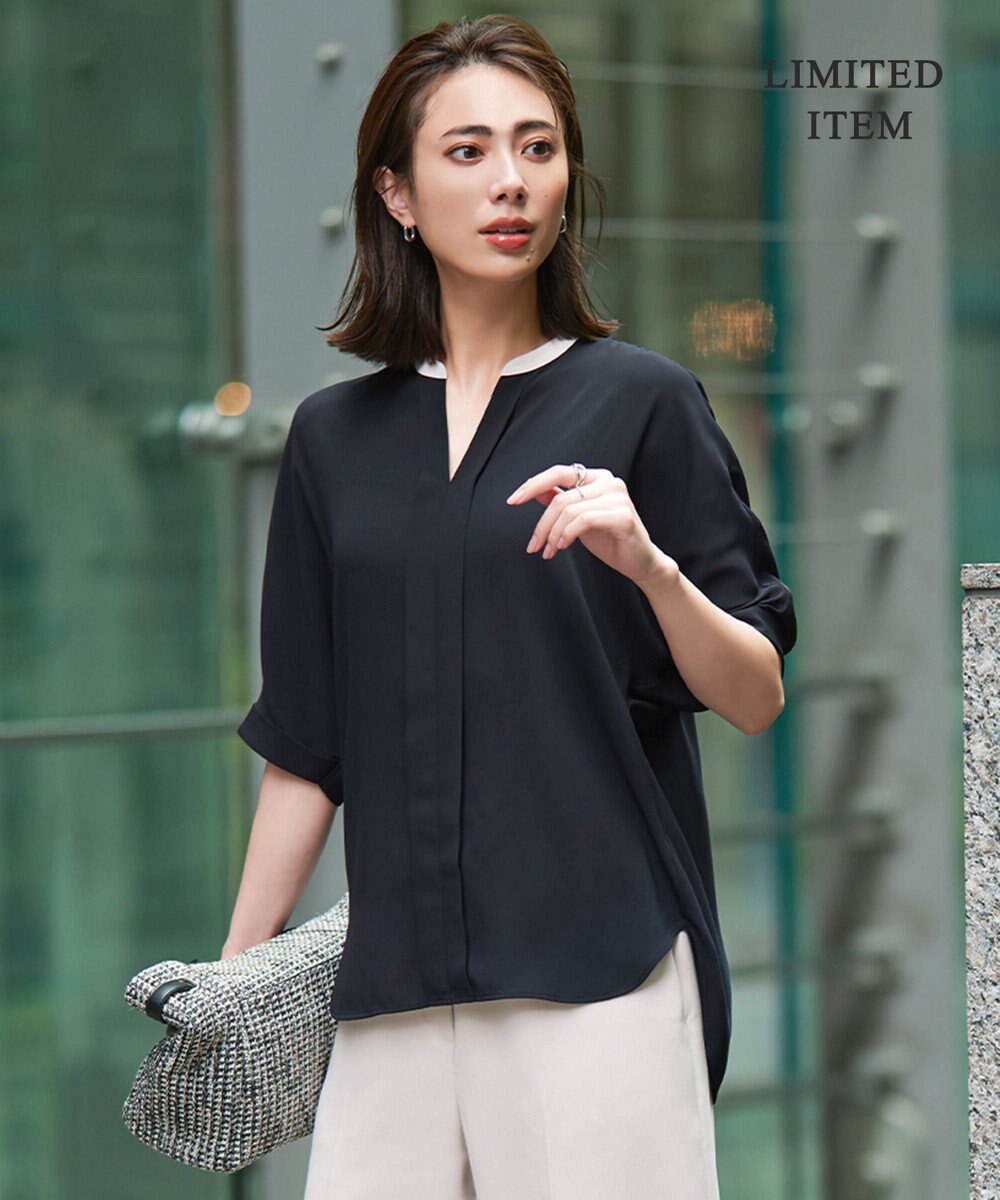 ICB 【人気のため新色追加・WEB限定・接触冷感・UVケア・速乾・洗える】BackSatinAmunzen 5分袖キーネックブラウス 