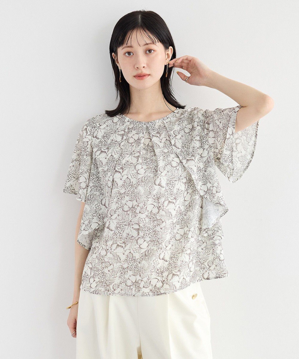 YECCA VECCA ラインフルーツ柄ラッフルブラウス 