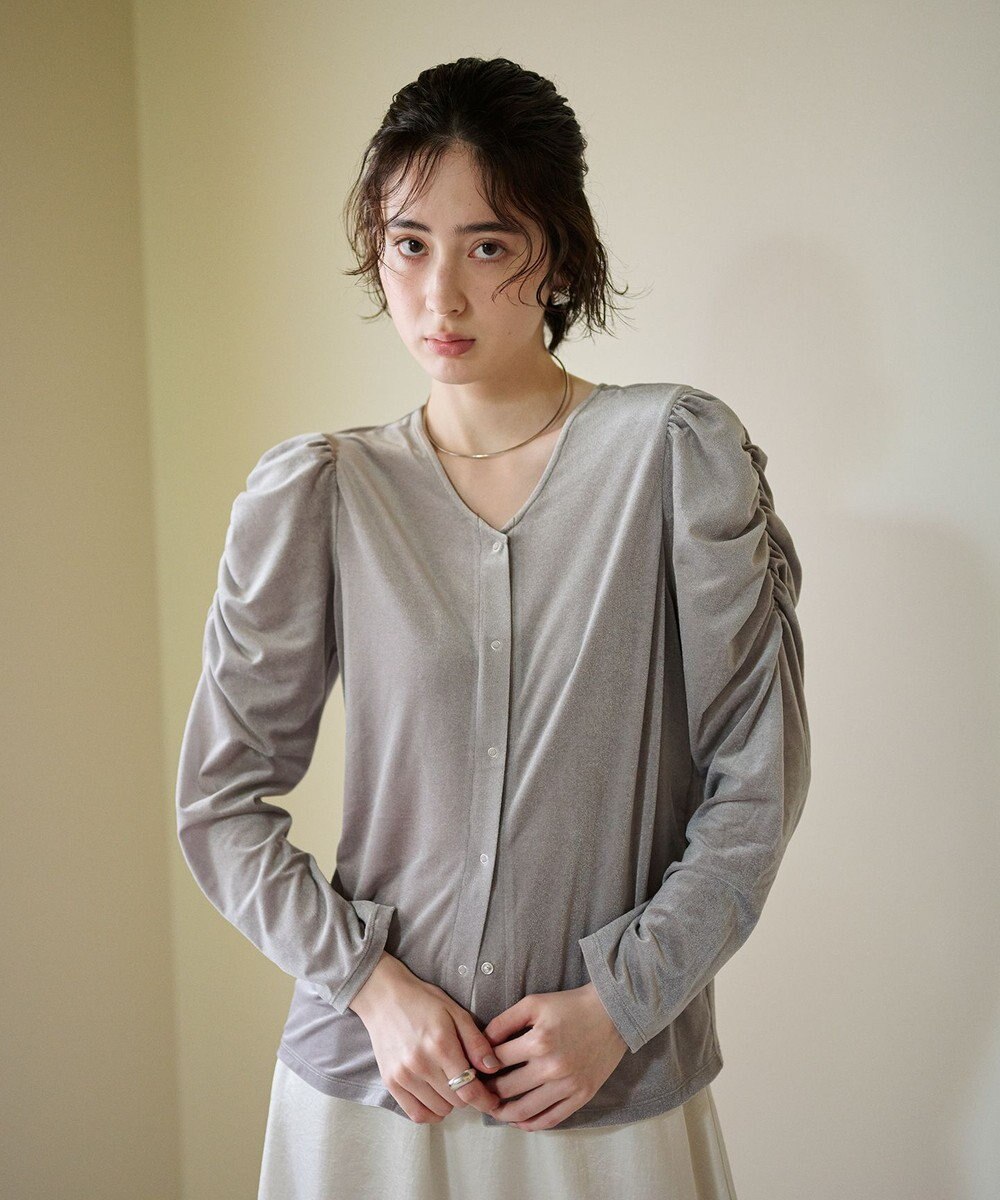 #Newans 【洗濯機可／ 前後着用可】 ギャザースリーブシアーベロアカーディガン 