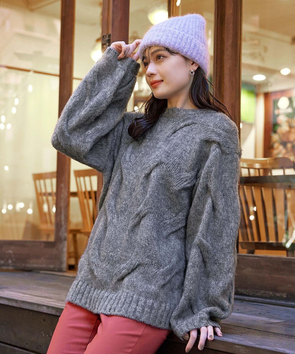 Tiaclasse 【洗える】ケーブルミックス編みニットトップス 