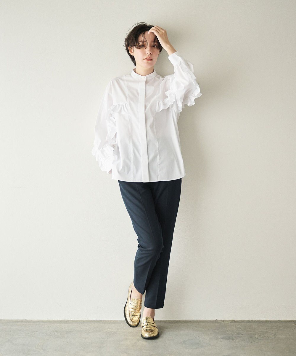 #Newans 【シワになりにくい/洗濯機可能】ラウンドフリルバンドカラーシャツ 