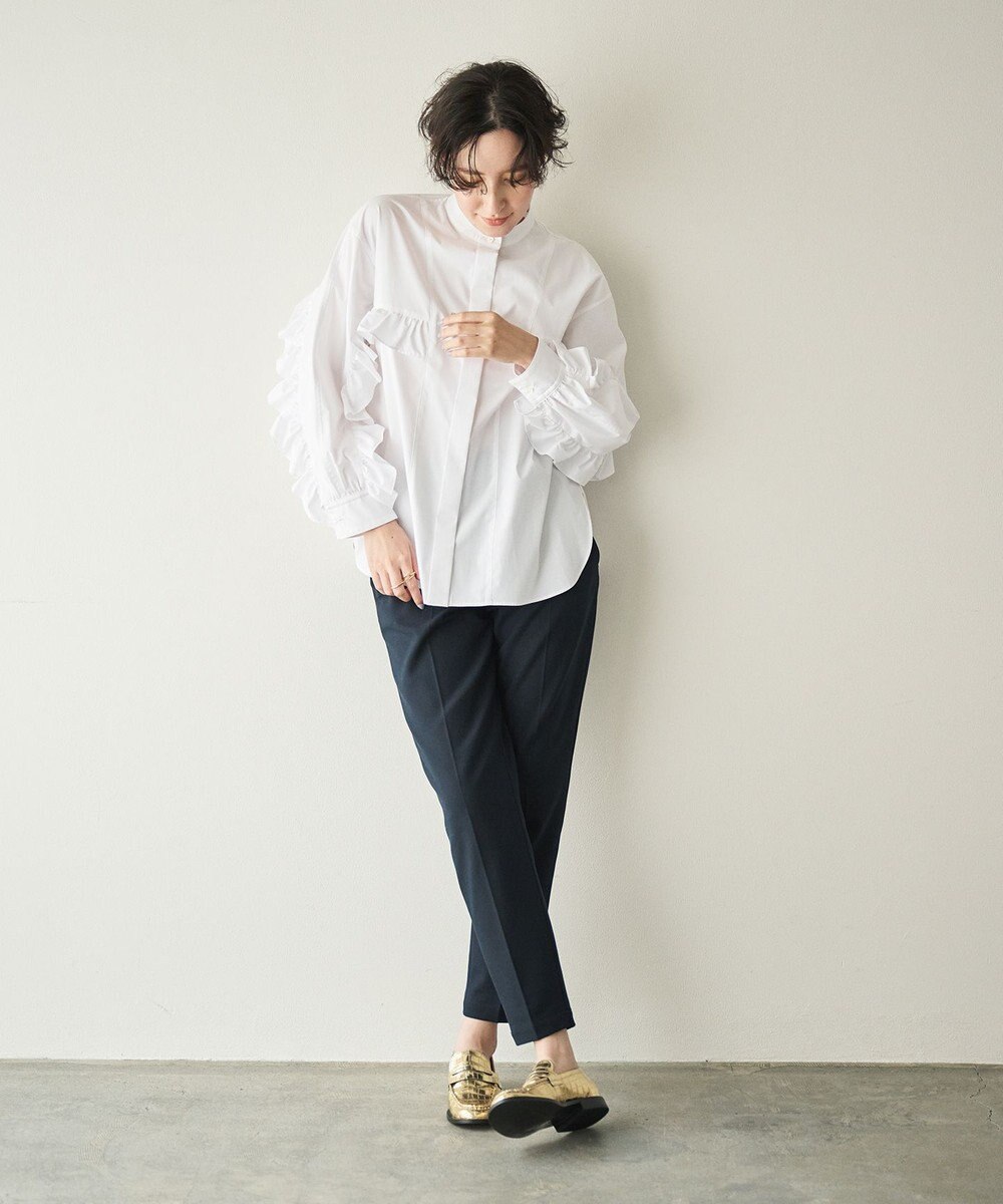 #Newans 【シワになりにくい/洗濯機可能】ラウンドフリルバンドカラーシャツ 