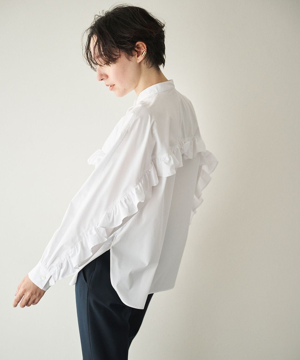 #Newans 【シワになりにくい/洗濯機可能】ラウンドフリルバンドカラーシャツ 