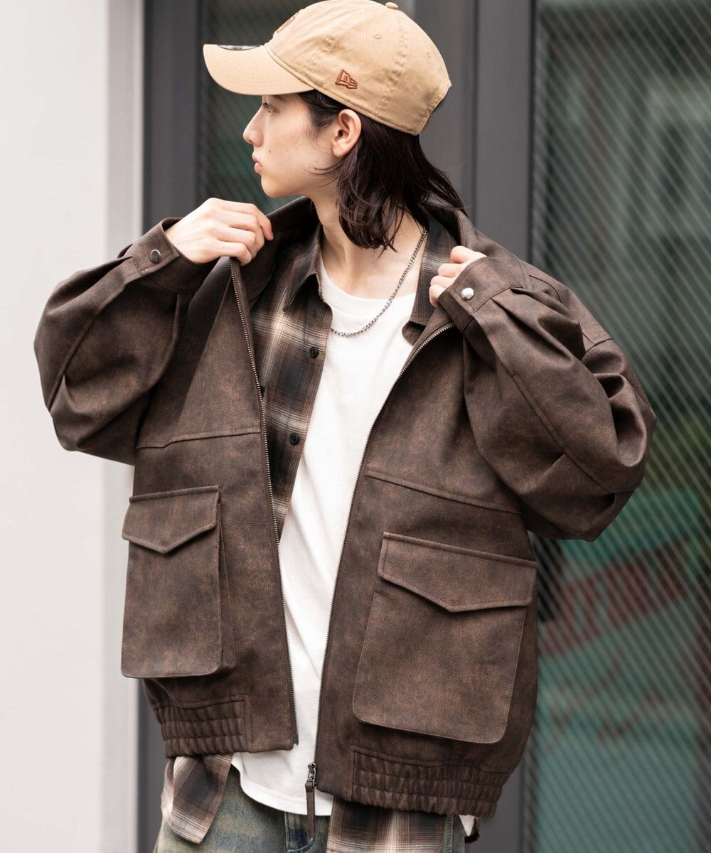 WEGO 【25年秋冬新作/ユニセックス着用ITEM/SMLサイズ展開】PUダブルZIPフライトブルゾン 