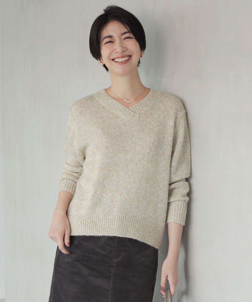 J.PRESS LADIES 【洗える】WARMY LUREX Vネック ニット ベージュ系