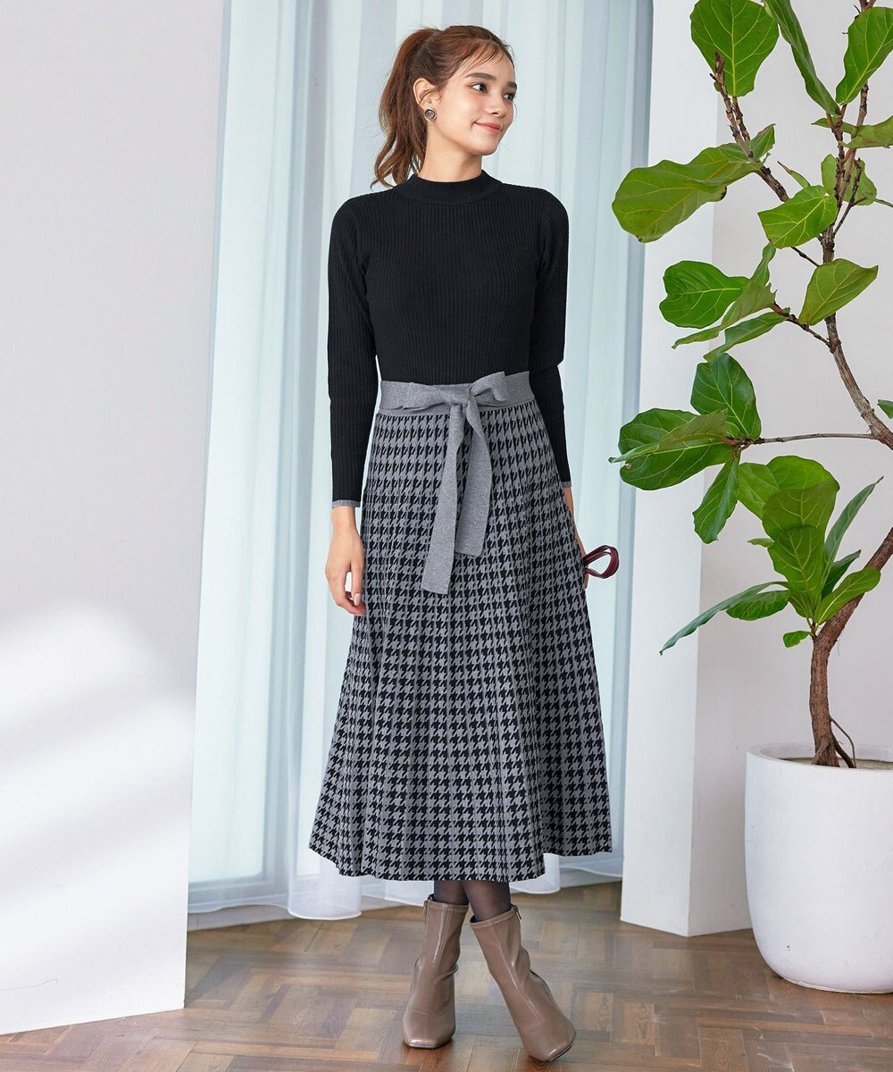 Tiaclasse 【洗える】千鳥柄ニットプリーツワンピース 