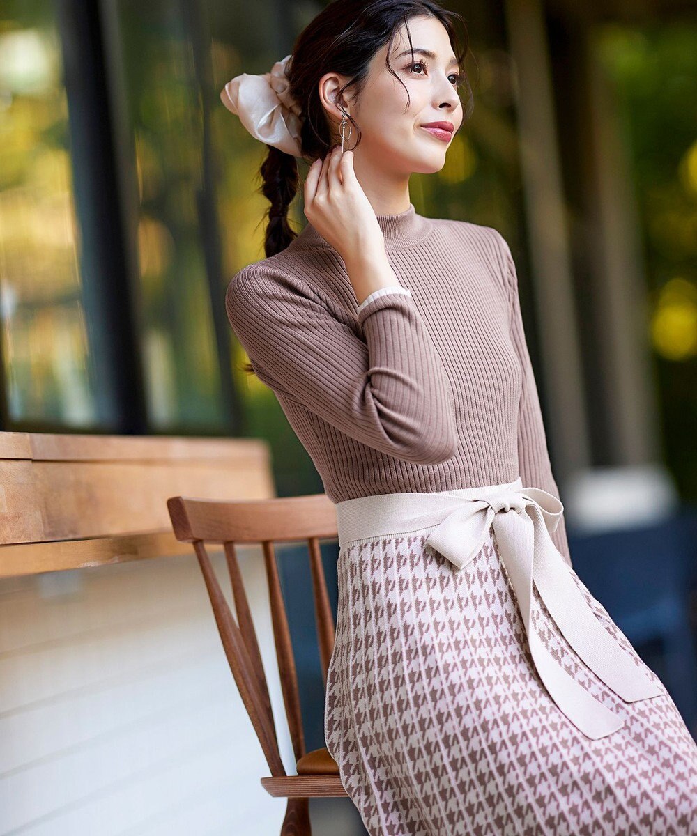 Tiaclasse 【洗える】千鳥柄ニットプリーツワンピース 