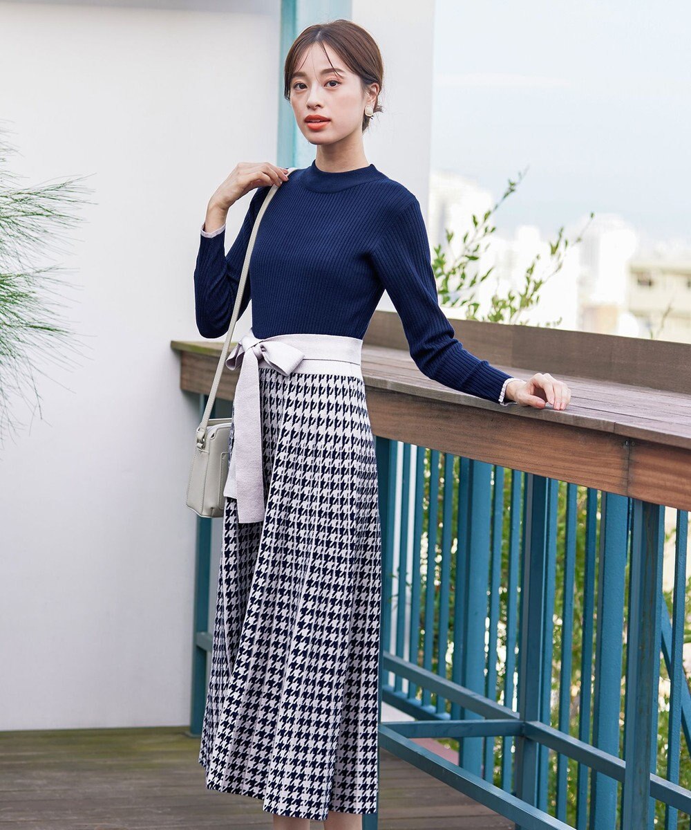 Tiaclasse 【洗える】千鳥柄ニットプリーツワンピース 