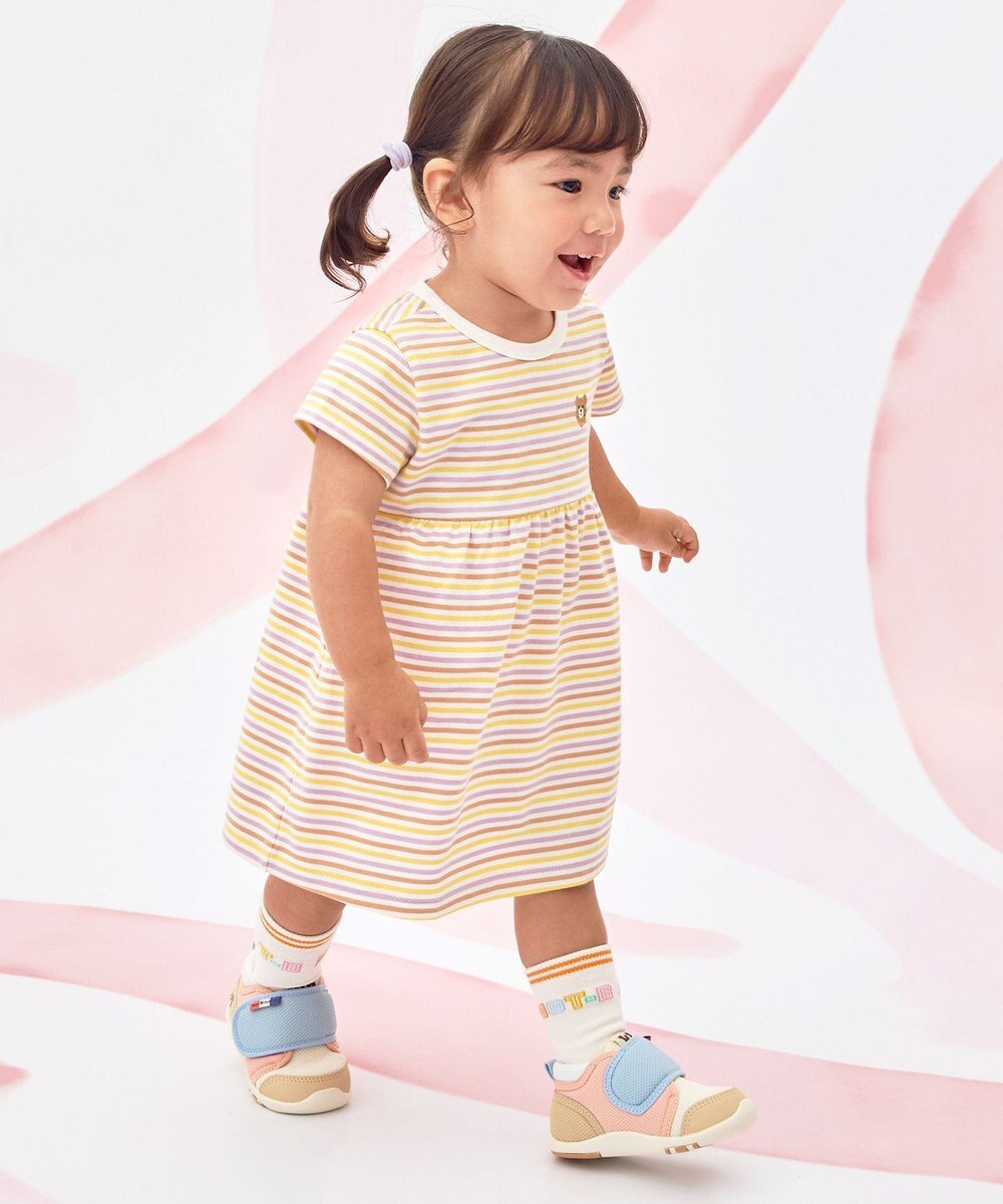 MIKI HOUSE HOT BISCUITS 【80-120cm】みじんボーダー ワンポイント刺繍 半袖ワンピース 