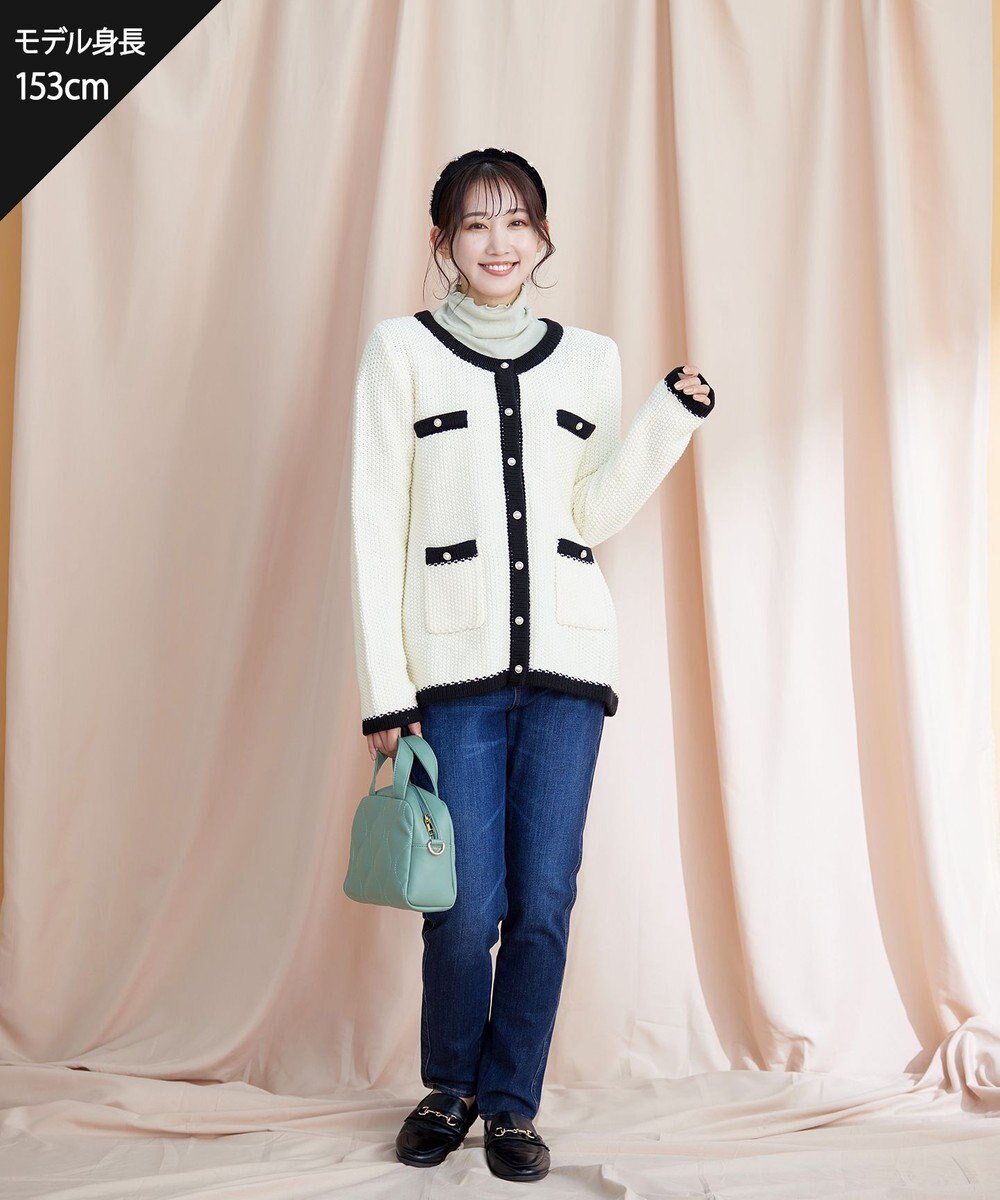 Tiaclasse 【洗える】ミドル丈配色ノーカラーニットジャケット 