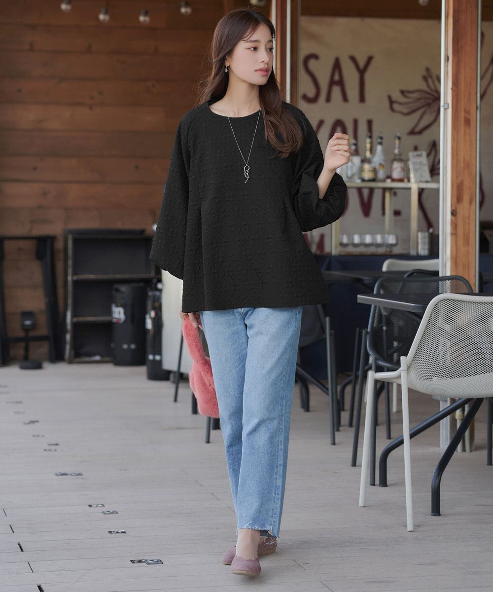 Tiaclasse L 【洗える】ふくれジャガードバルーンスリーブチュニックブラウス 