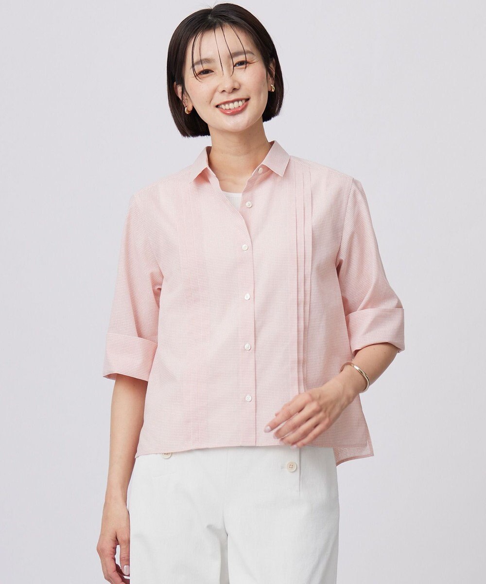 J.PRESS LADIES 【洗える】リネンminiチェック フロントピンタック シャツ 