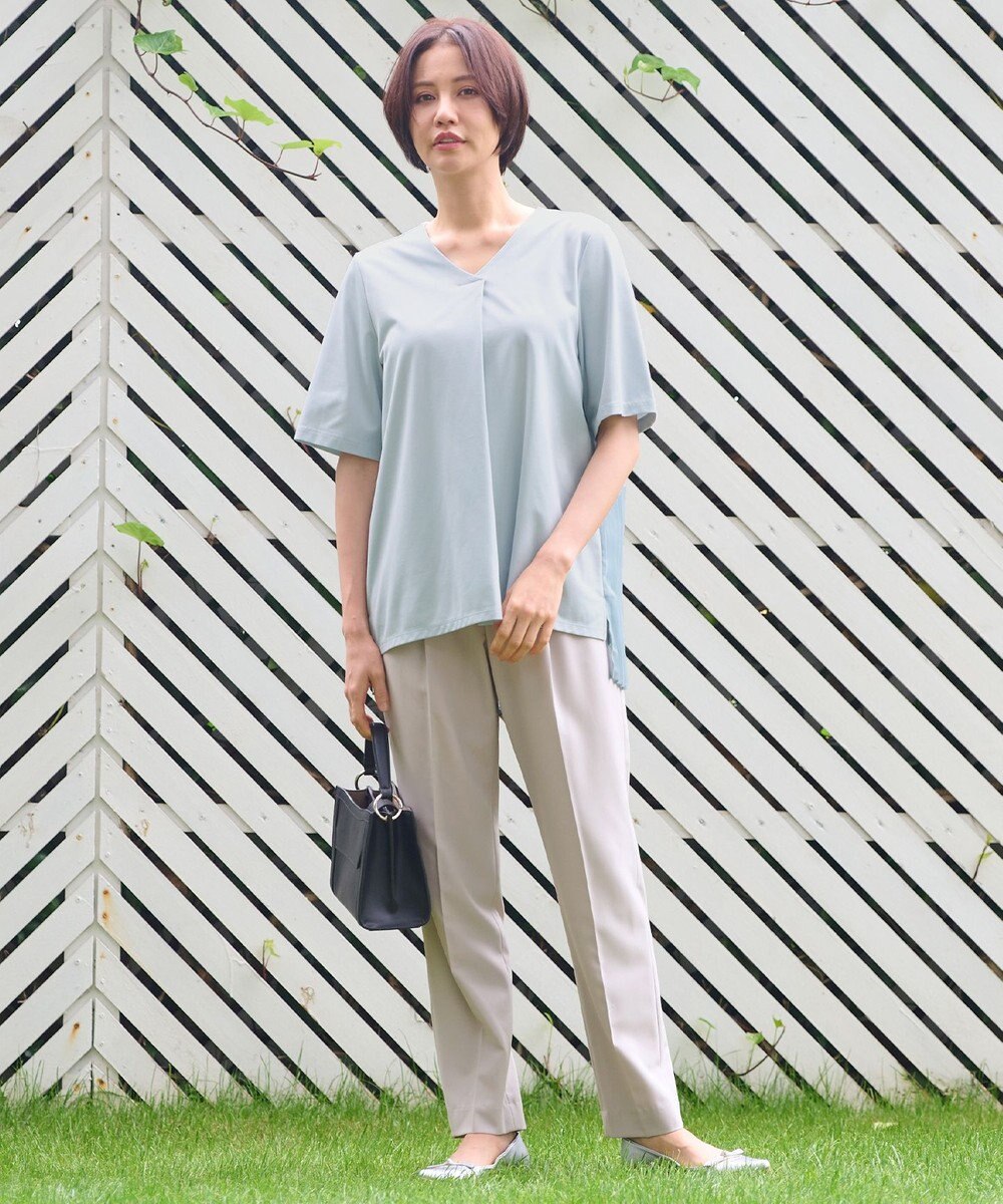 自由区 【洗える・XSサイズあり】シアーコンビバックプリーツ カットソー 