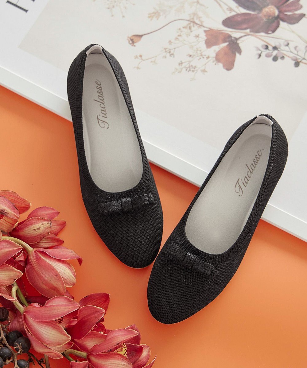 Tiaclasse 【安田美沙子さん着用/小倉優子さん着用・洗える/撥水】プチリボンニットフラットパンプス 