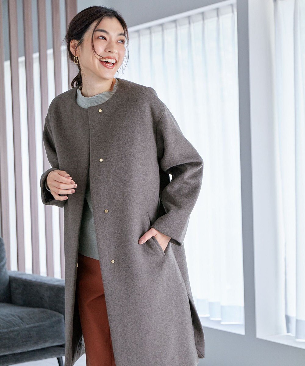 ANY 【防風裏地】ウールブレンドノーカラーコート 