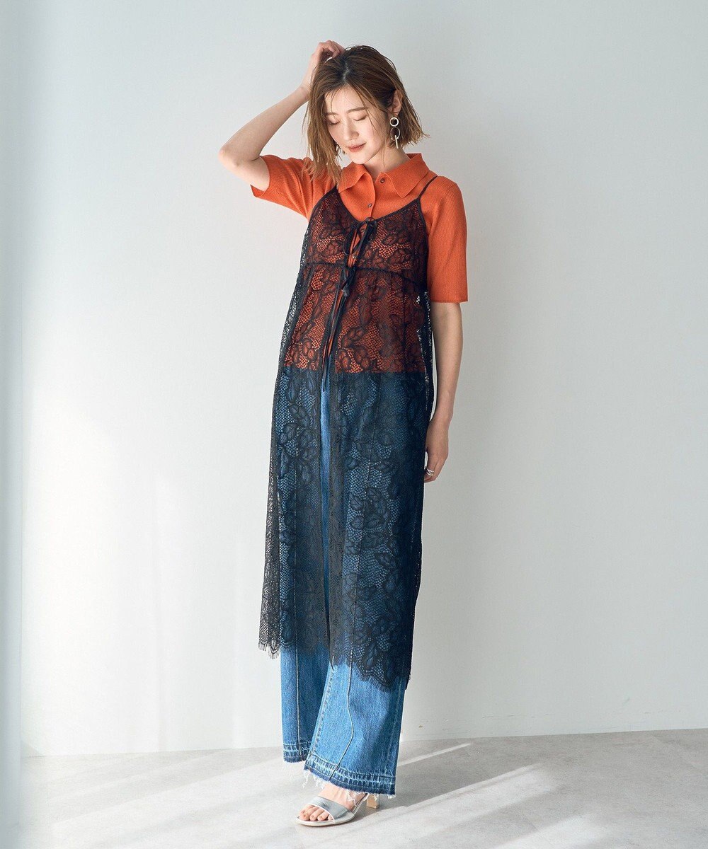 YECCA VECCA リーフ柄レースキャミワンピース 