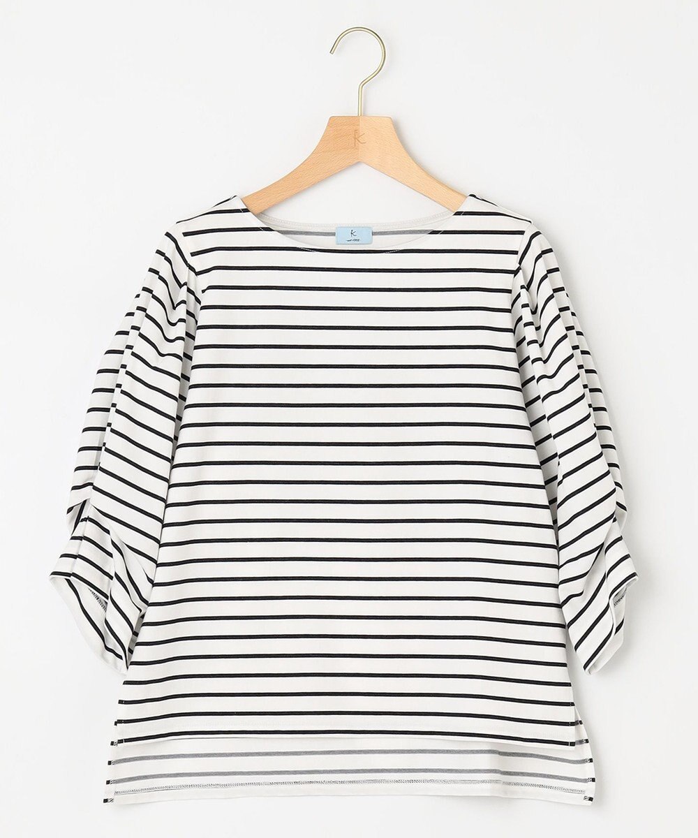 組曲 L 【洗える】プレーティング天竺タックスリーブボーダー カットソー 