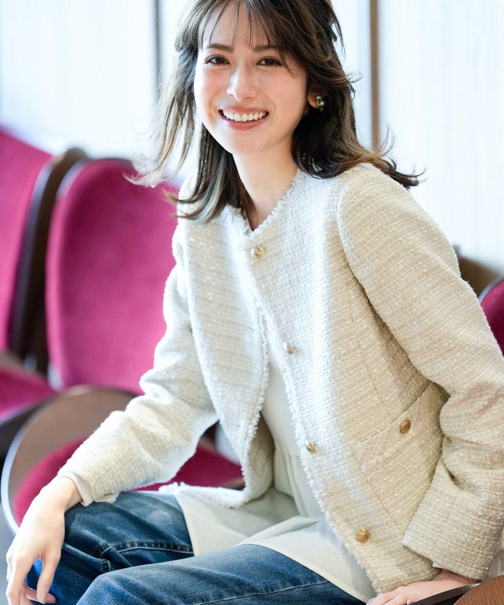 ANY SIS L ノーカラーフリンジツイード ジャケット 