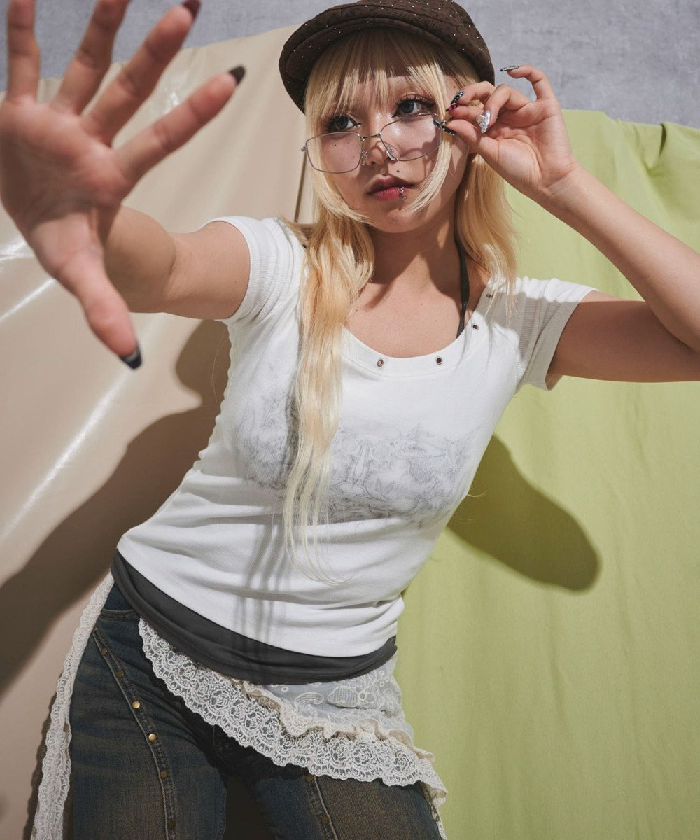 WEGO ハトメレイヤードグラフィックT 