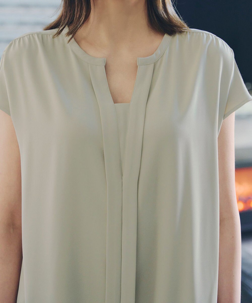 Tiaclasse 【洗える】フレンチスリーブキーネックシャツチュニックブラウス 