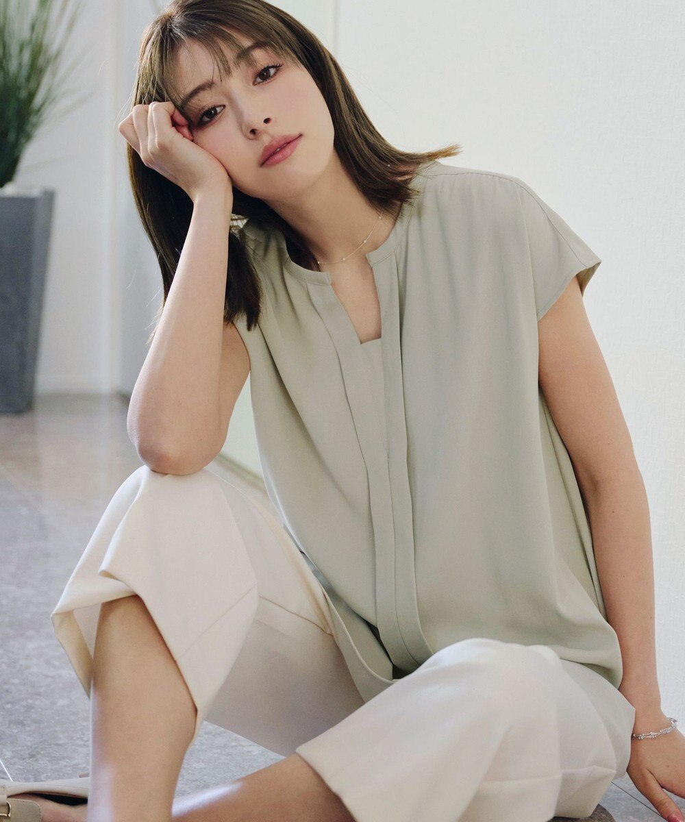 Tiaclasse 【洗える】フレンチスリーブキーネックシャツチュニックブラウス 