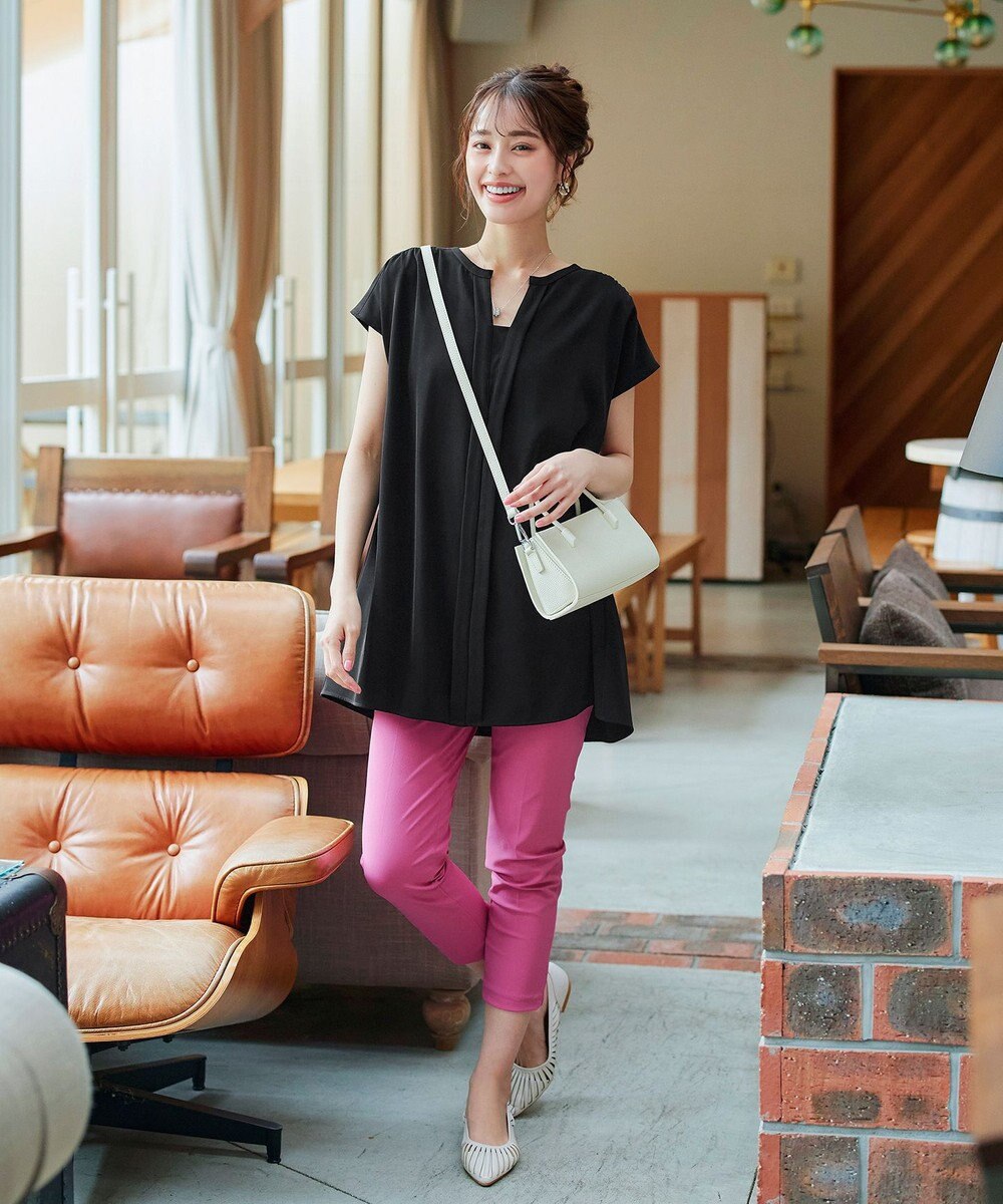 Tiaclasse 【洗える】フレンチスリーブキーネックシャツチュニックブラウス 