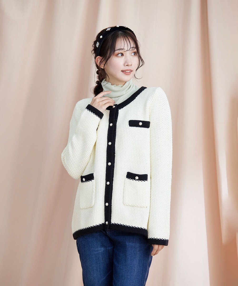 Tiaclasse 【洗える】ミドル丈配色ノーカラーニットジャケット 