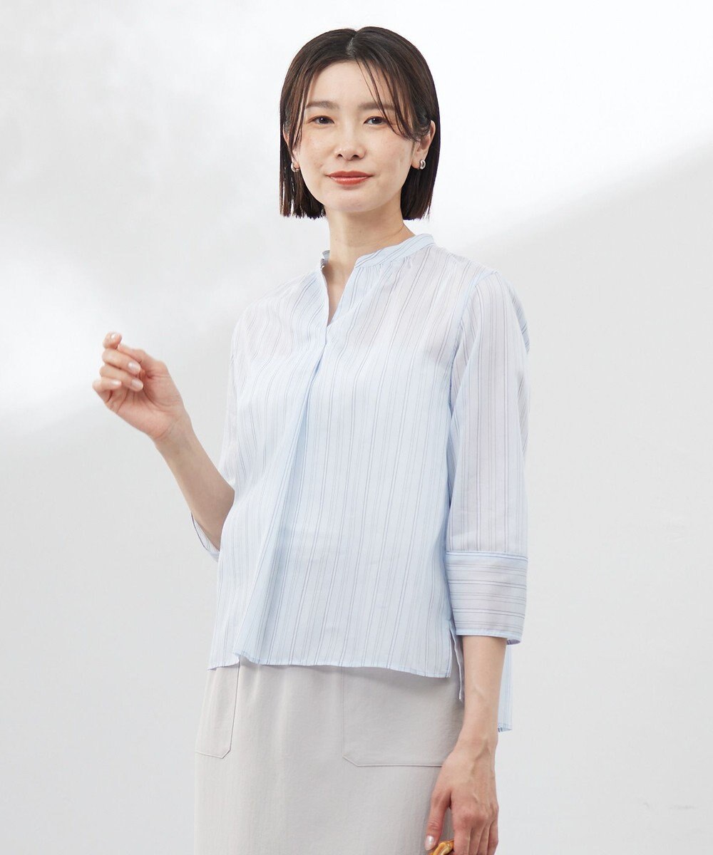 J.PRESS LADIES 【洗える】ランダムストライプ スタンドカラー  ブラウス 