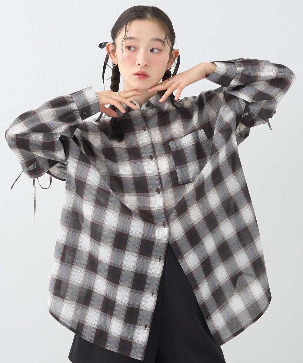 earth music&ecology 【2WAY】２ｗａｙショルダードロストリボンチェックシャツ 