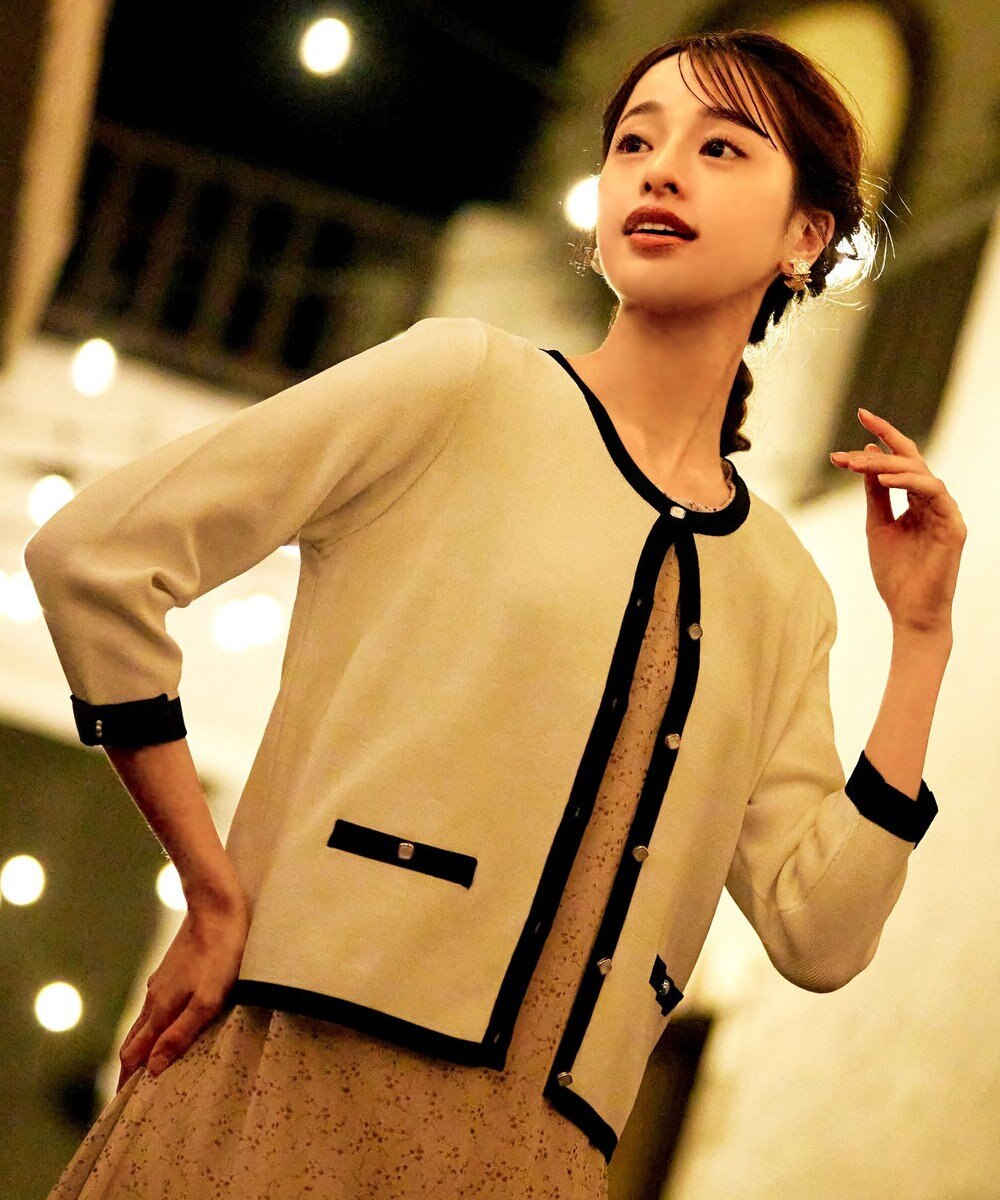 Tiaclasse 【洗える】配色使い総針袖リボンカーデ 