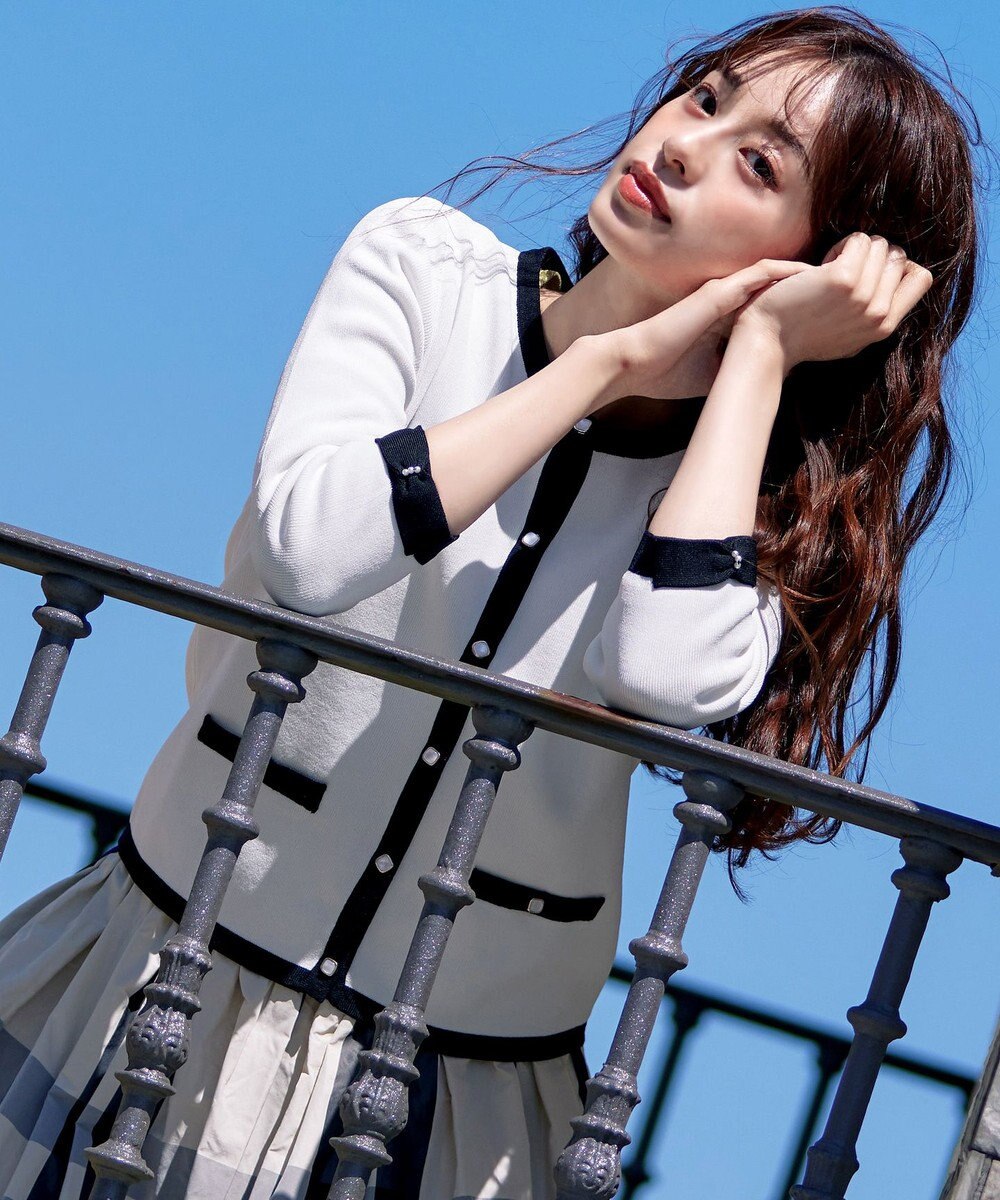 Tiaclasse 【洗える】配色使い総針袖リボンカーデ 