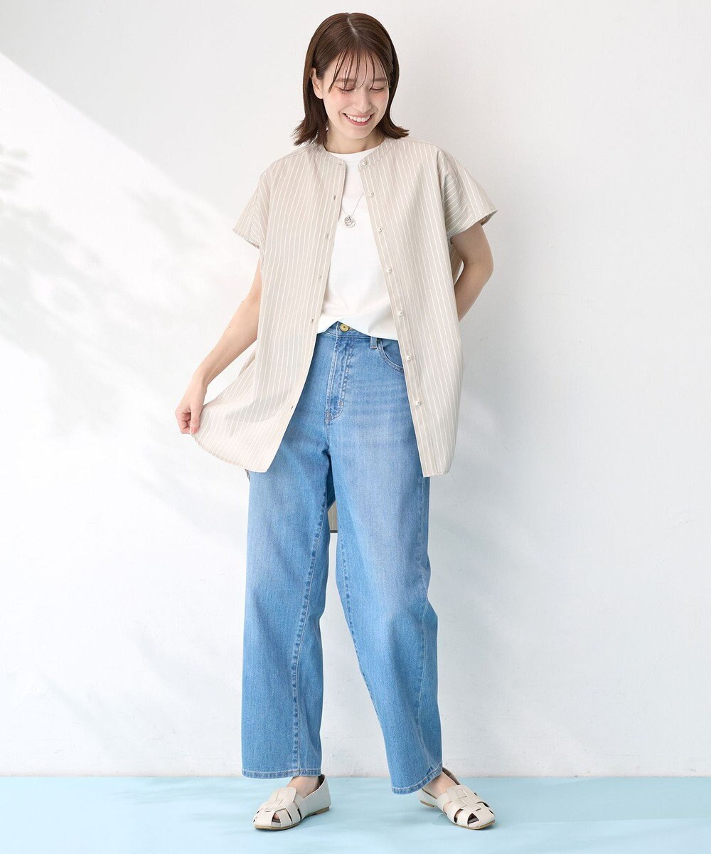 ANY 【洗濯機可】ラメストライプ半袖シャツブラウス 