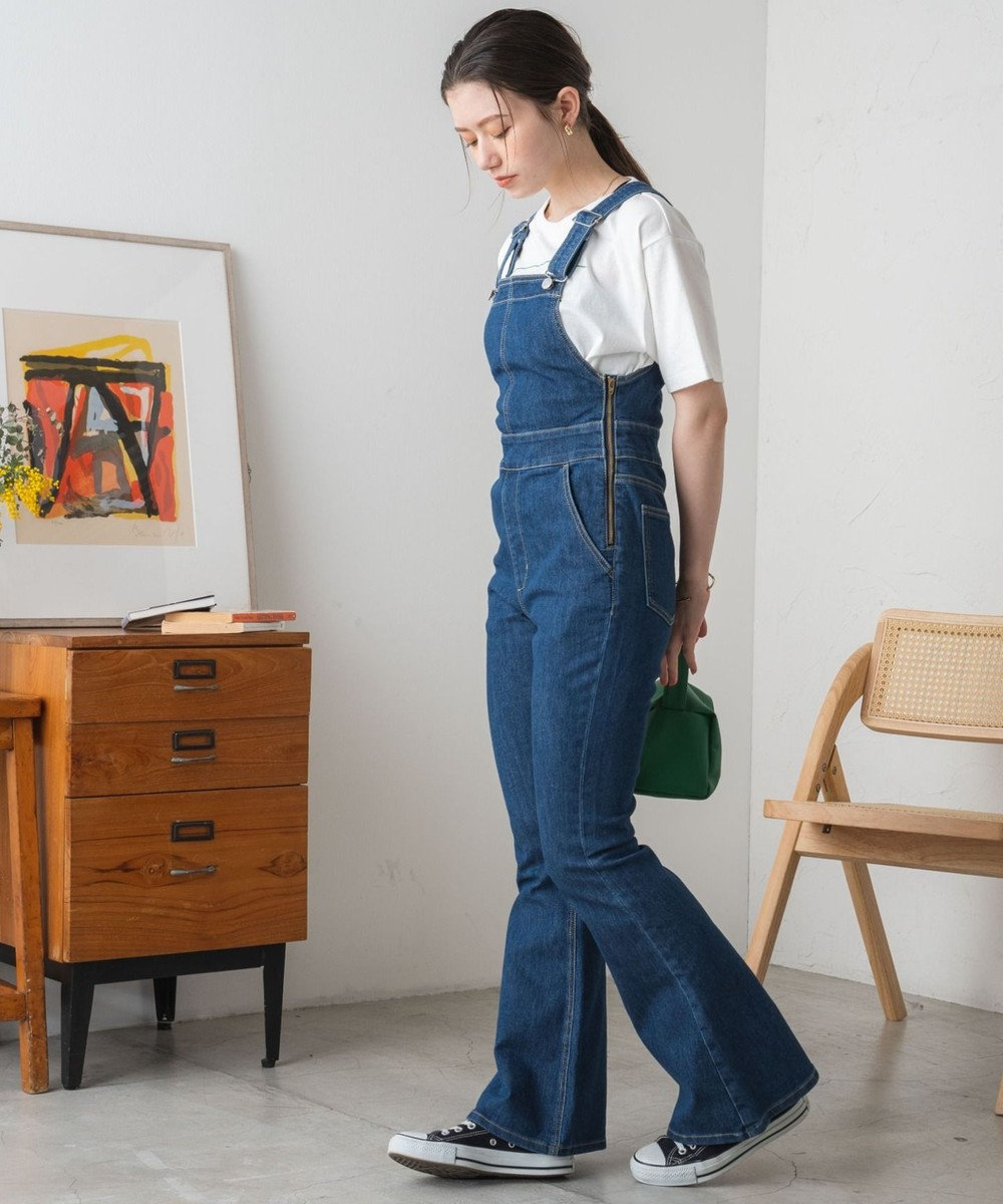 WEGO ハイウエストストレッチフレアデニムサロペット 