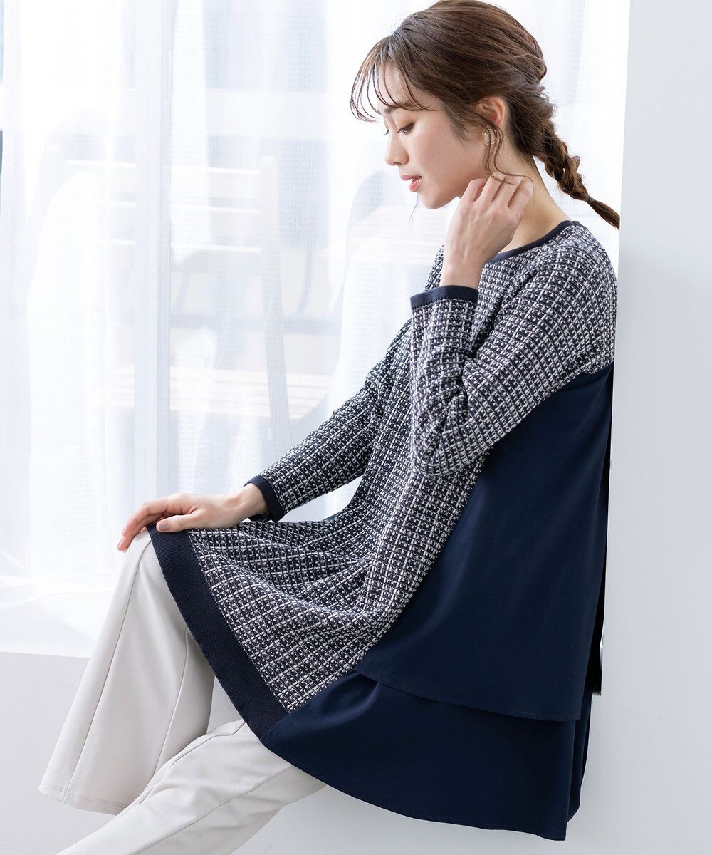 Tiaclasse 【洗える】ツイード2段フレアチュニックブラウス 