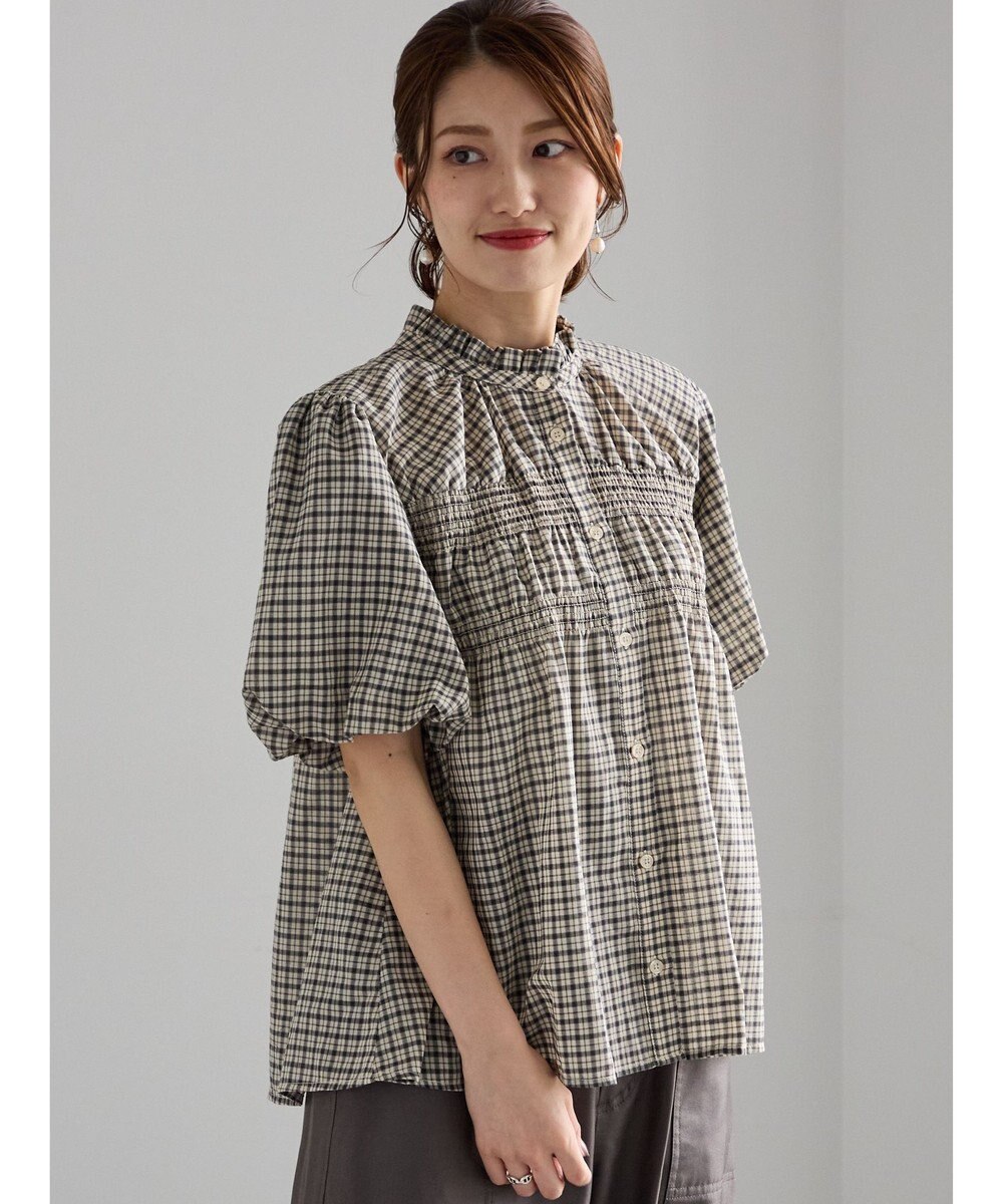 Te chichi スタンドフリル5分袖シャーリングブラウス 