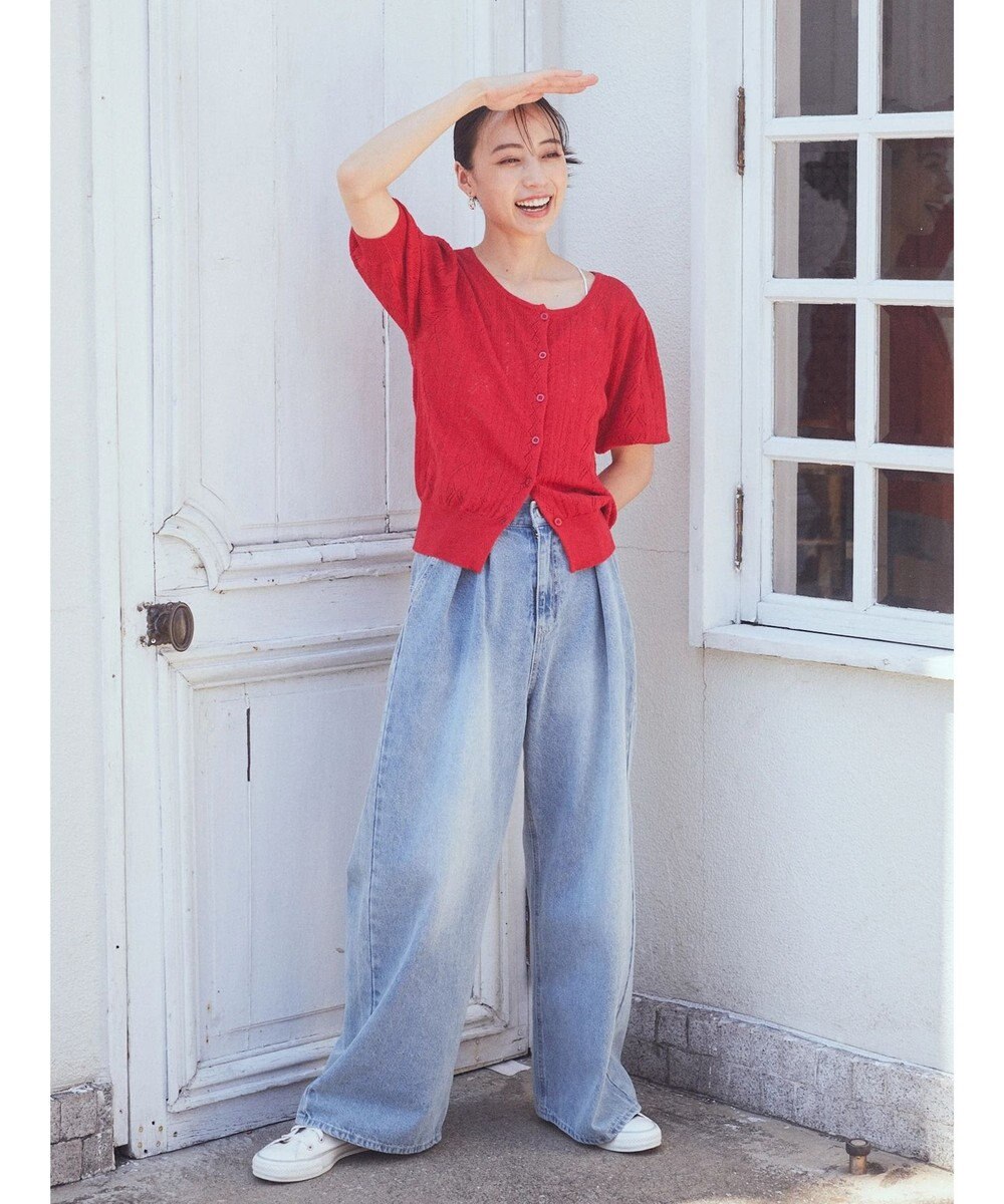 earth music&ecology リボン柄透かし編みニットカーディガン 