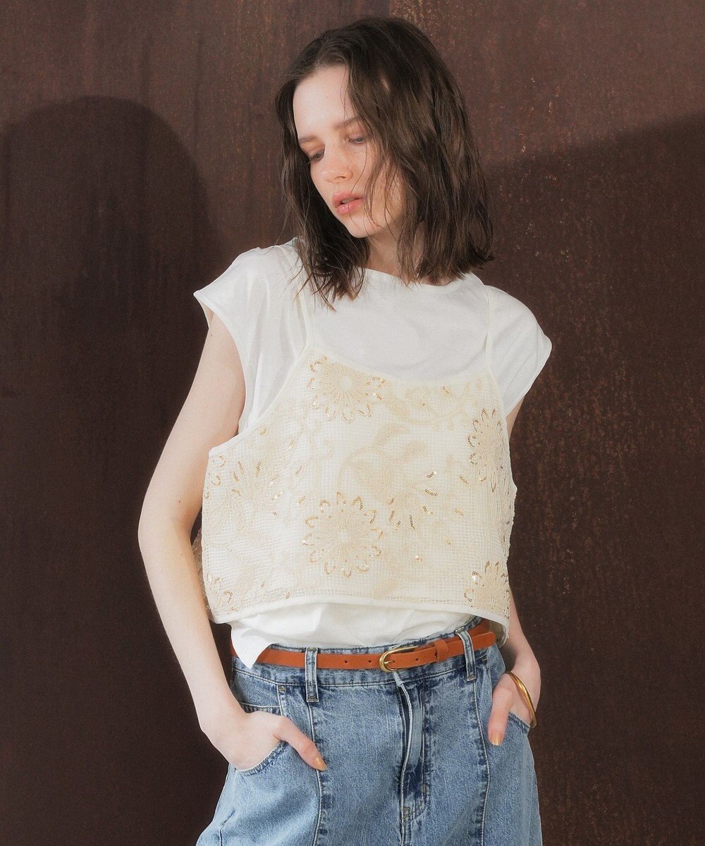 YECCA VECCA 【2点SET】刺繍メッシュキャミセットコットンTee 