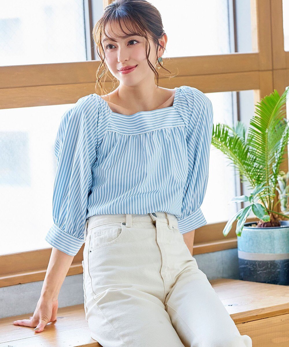 Tiaclasse L 【洗える】ストライプパフスリーブブラウス 