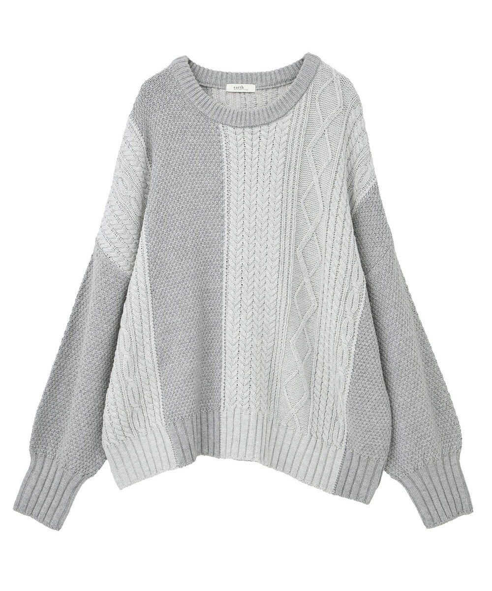 earth music&ecology 【洗濯機洗い可】アンチピリングC/Aパッチワークケーブルニット 