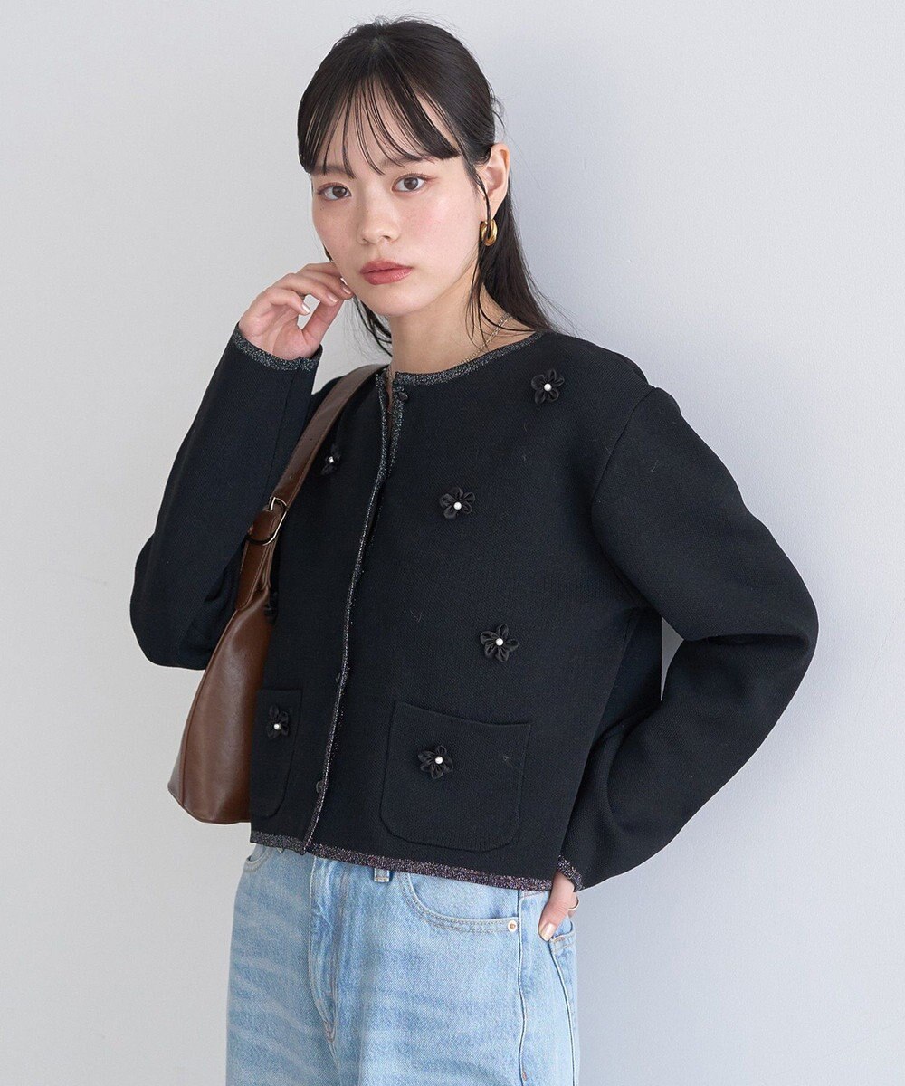 earth music&ecology フラワーモチーフニットカーディガン 