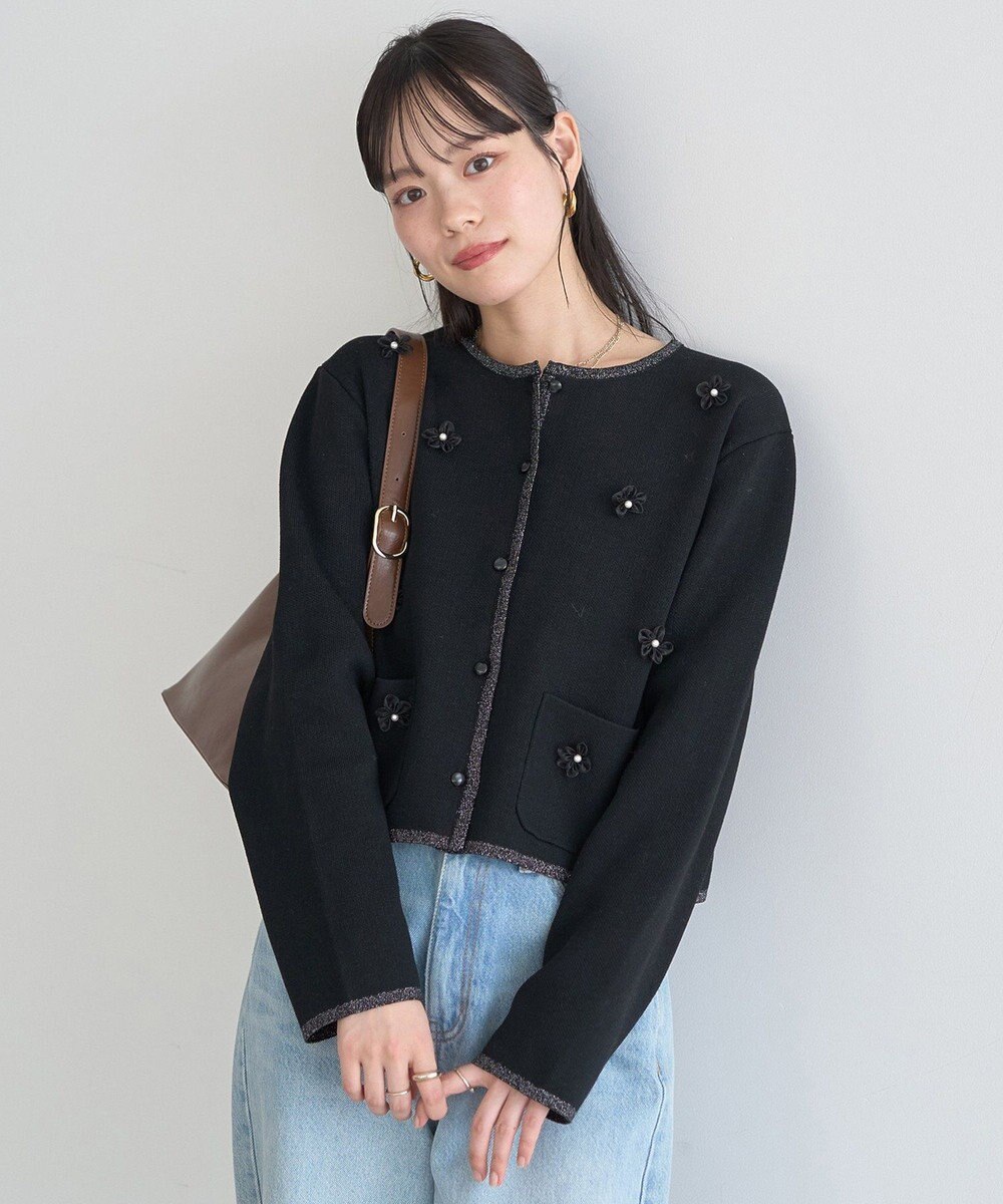 earth music&ecology フラワーモチーフニットカーディガン 